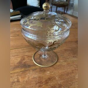 Mid Century Glass & Gold Candy Dish w/Lid